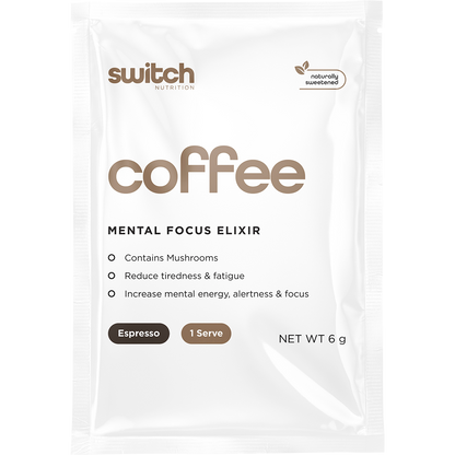 A single 6g sachet of Switch Nutrition Coffee Mental Focus Elixir in sweetened Espresso flavor.