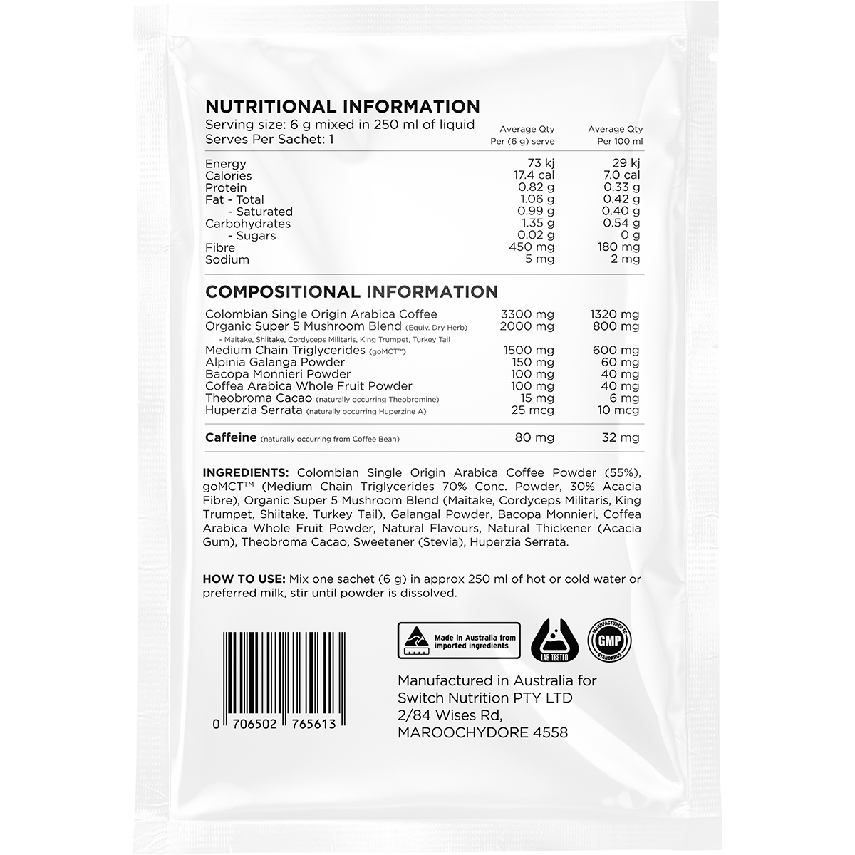 Back of Switch Nutrition Espresso Coffee sachet showing nutrition facts, ingredients, and directions for use.