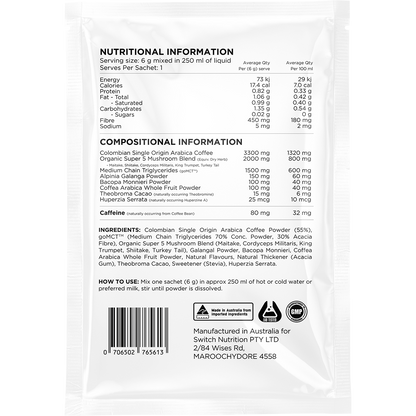 Back of Switch Nutrition Espresso Coffee sachet showing nutrition facts, ingredients, and directions for use.