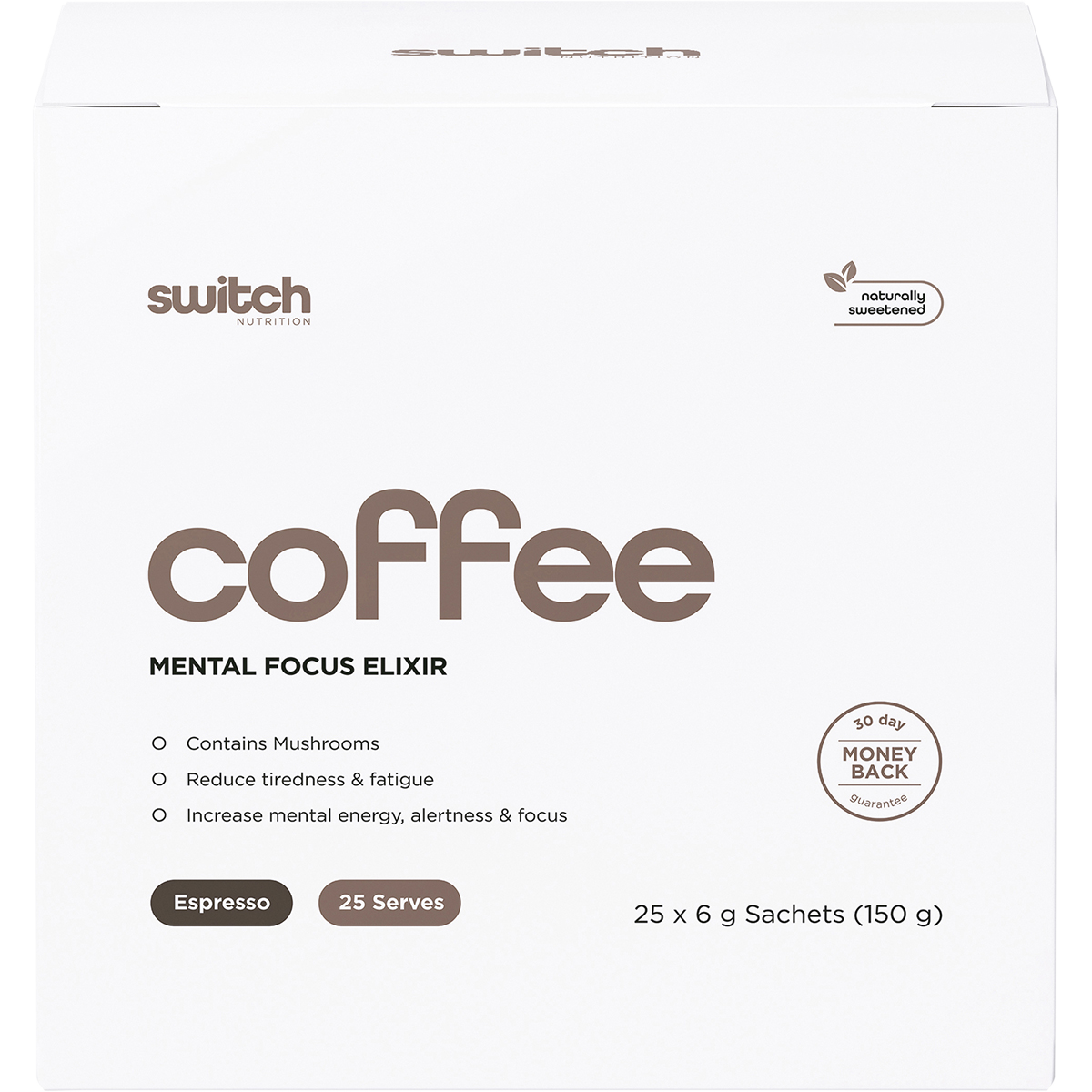 Front of Switch Nutrition Espresso Coffee 25-pack box featuring mental focus elixir benefits on a white background.