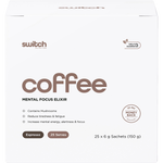 Front of Switch Nutrition Espresso Coffee 25-pack box featuring mental focus elixir benefits on a white background.
