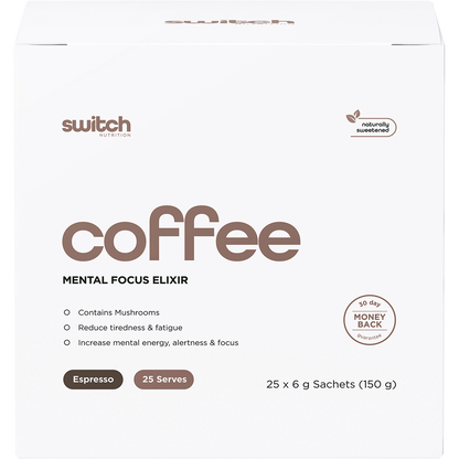 Front of Switch Nutrition Espresso Coffee 25-pack box featuring mental focus elixir benefits on a white background.