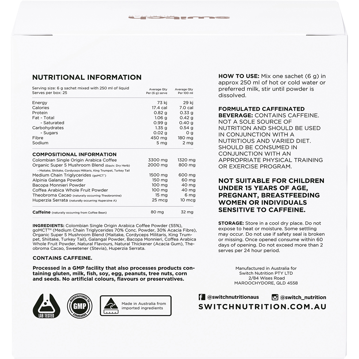 Back of Switch Nutrition Espresso Coffee box with nutrition facts, ingredients, and mental focus benefits.