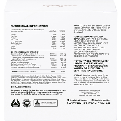 Back of Switch Nutrition Espresso Coffee box with nutrition facts, ingredients, and mental focus benefits.
