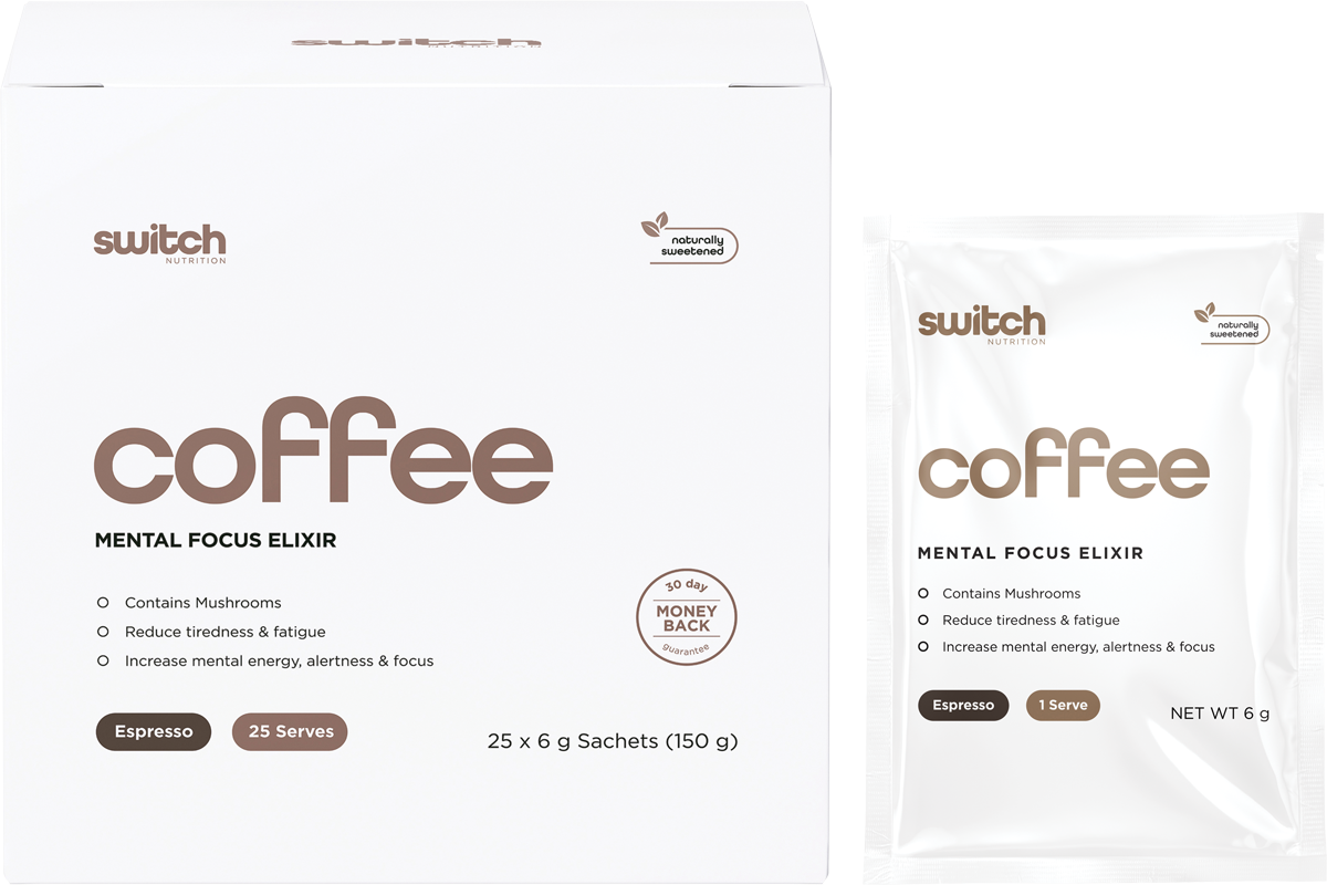 Switch Nutrition Coffee Mental Focus Elixir Espresso Sweetened 25-pack box and individual sachet.