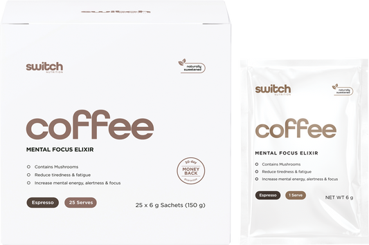 Switch Nutrition Coffee Mental Focus Elixir Espresso Sweetened 25-pack box and individual sachet.