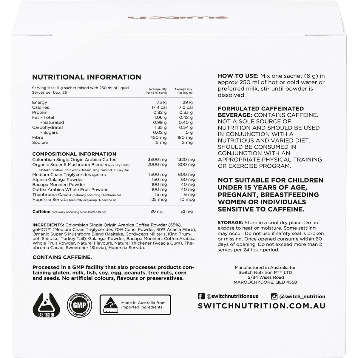 Switch Nutrition Coffee Mental Focus Elixir Espresso Sweetened 25 Pack