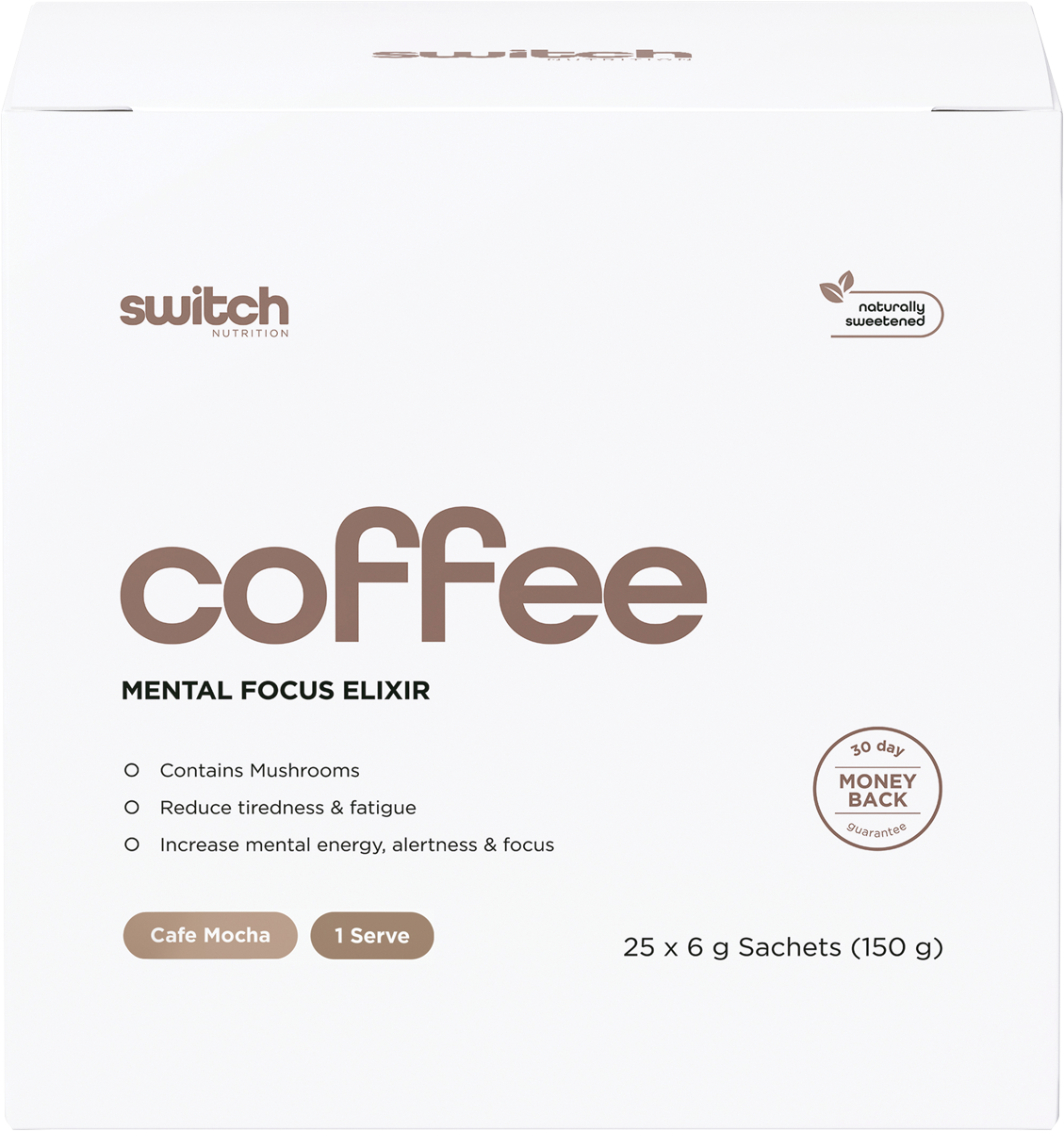 A single 6g sachet of Switch Nutrition Coffee Mental Focus Elixir in Cafe Mocha flavor on a white background.
