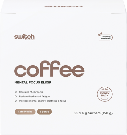 A single 6g sachet of Switch Nutrition Coffee Mental Focus Elixir in Cafe Mocha flavor on a white background.