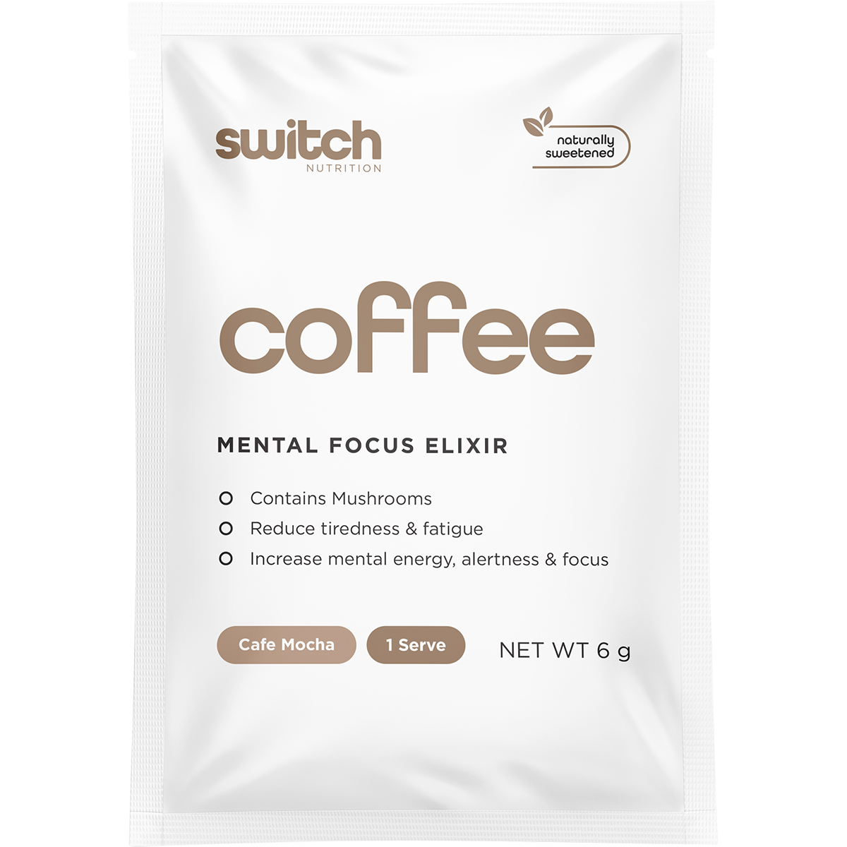 Side view of Switch Nutrition Coffee Mental Focus Elixir Cafe Mocha box showing key benefits and 25-sachet pack size.