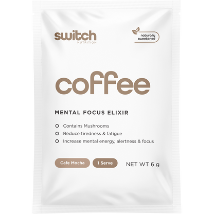 Side view of Switch Nutrition Coffee Mental Focus Elixir Cafe Mocha box showing key benefits and 25-sachet pack size.
