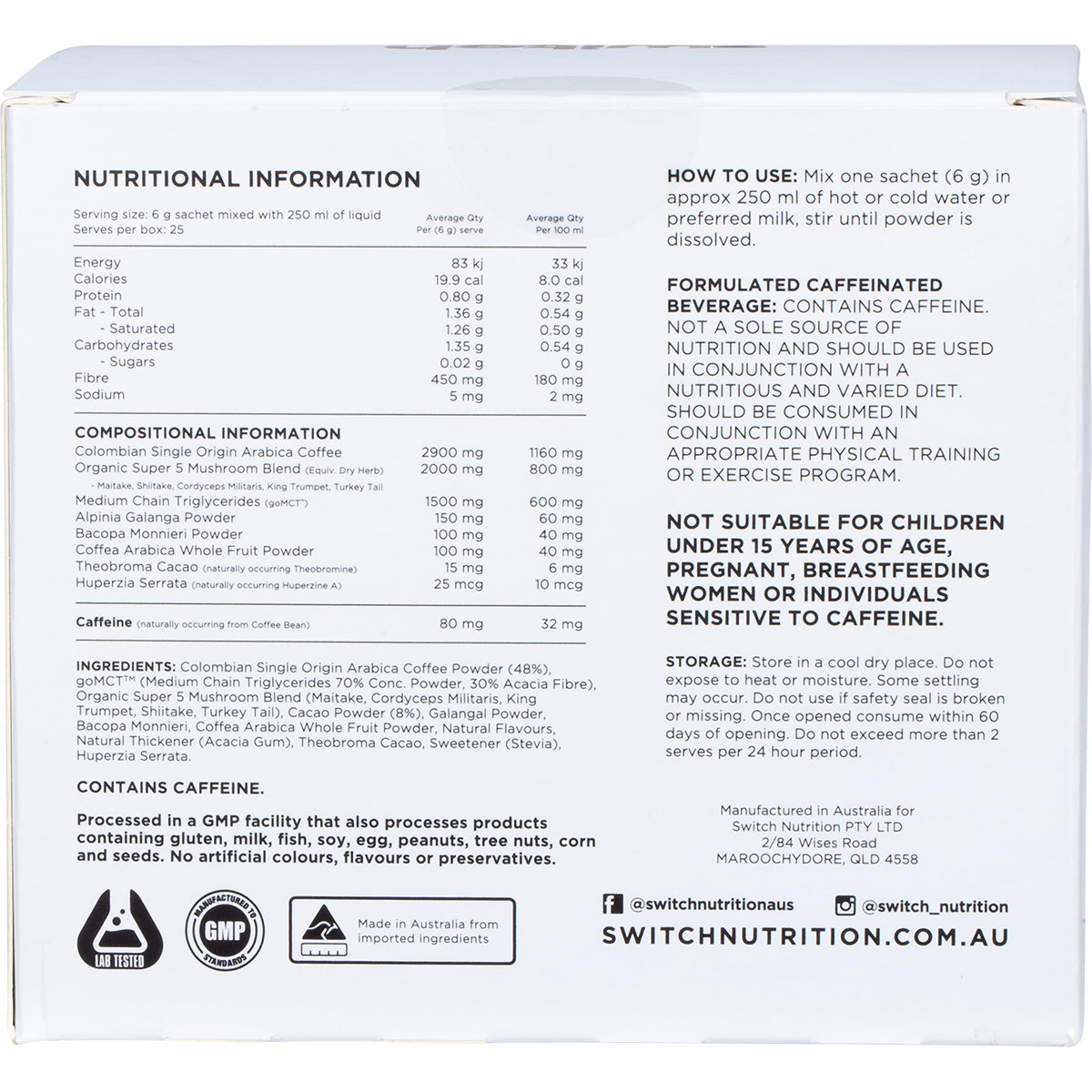 Back of Switch Nutrition Coffee Cafe Mocha box with nutrition facts, ingredients list, and directions for use.