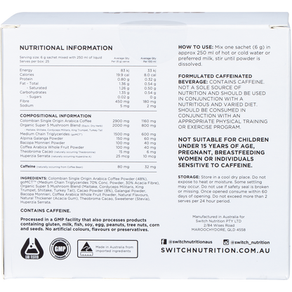 Back of Switch Nutrition Coffee Cafe Mocha box with nutrition facts, ingredients list, and directions for use.