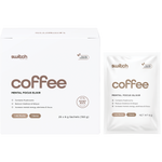 Cafe Mocha 25-pack box and individual sachet of Switch Nutrition Coffee Mental Focus Elixir on a white background.