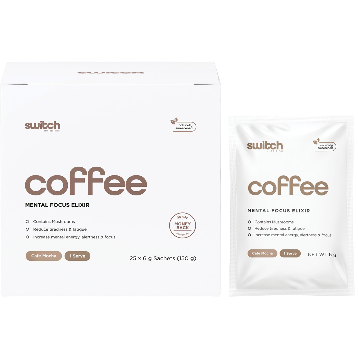 Cafe Mocha 25-pack box and individual sachet of Switch Nutrition Coffee Mental Focus Elixir on a white background.