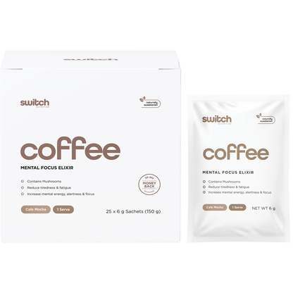 Cafe Mocha 25-pack box and individual sachet of Switch Nutrition Coffee Mental Focus Elixir on a white background.