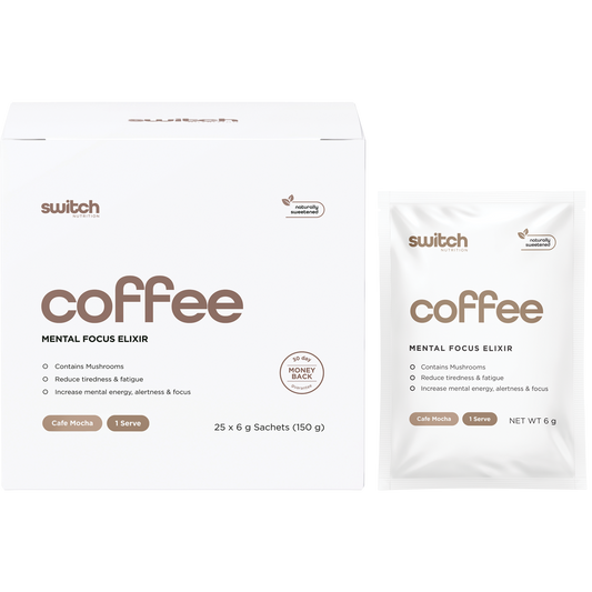 Cafe Mocha 25-pack box and individual sachet of Switch Nutrition Coffee Mental Focus Elixir on a white background.