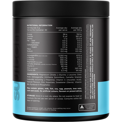 Back of a 150g Strawberry Pineapple Adrenal Switch tub showing nutritional facts and directions on a white background.