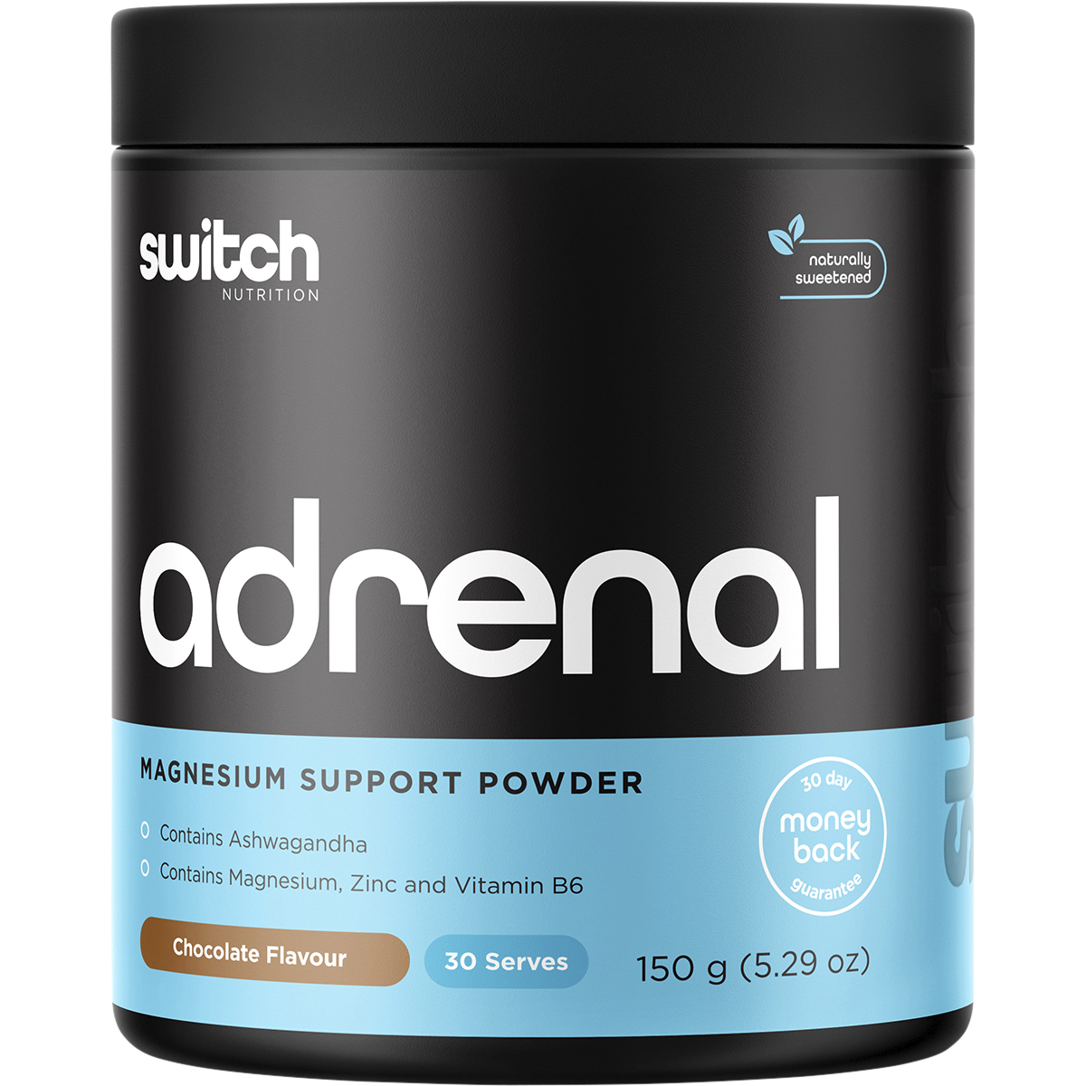 150g tub of Switch Nutrition Adrenal Magnesium Support Powder in Chocolate flavor on a white background.