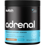150g tub of Switch Nutrition Adrenal Magnesium Support Powder in Chocolate flavor on a white background.