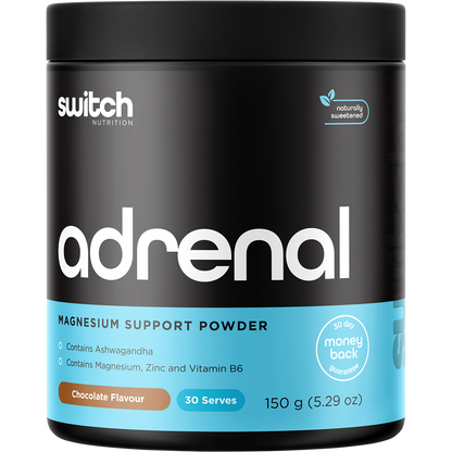150g tub of Switch Nutrition Adrenal Magnesium Support Powder in Chocolate flavor on a white background.