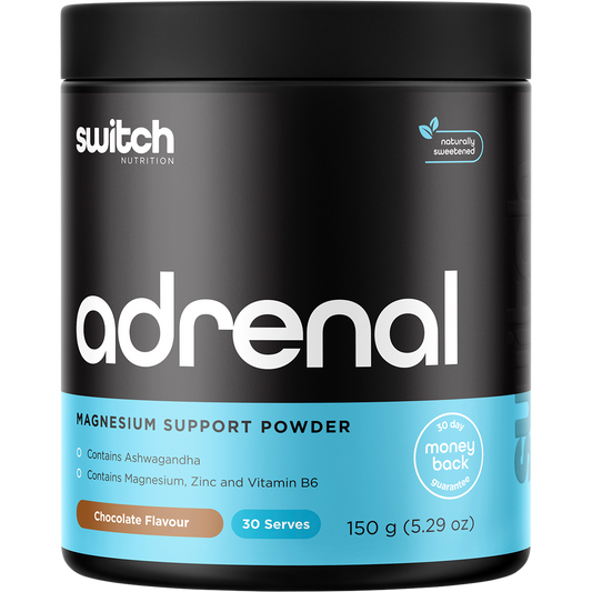 150g tub of Switch Nutrition Adrenal Magnesium Support Powder in Chocolate flavor on a white background.