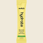 Side view of a 20-pack box of Switch Nutrition Hydrate Electrolytes Lemon Lime sachets with a gluten-free logo.