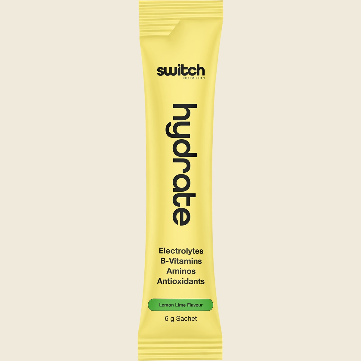Side view of a 20-pack box of Switch Nutrition Hydrate Electrolytes Lemon Lime sachets with a gluten-free logo.