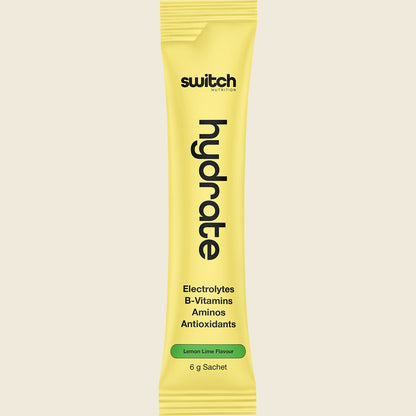 Side view of a 20-pack box of Switch Nutrition Hydrate Electrolytes Lemon Lime sachets with a gluten-free logo.