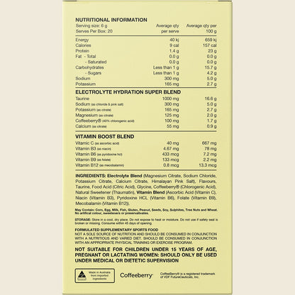 Back of Switch Nutrition Hydrate Electrolytes Lemon Lime 20-pack box with nutrition facts and ingredients.