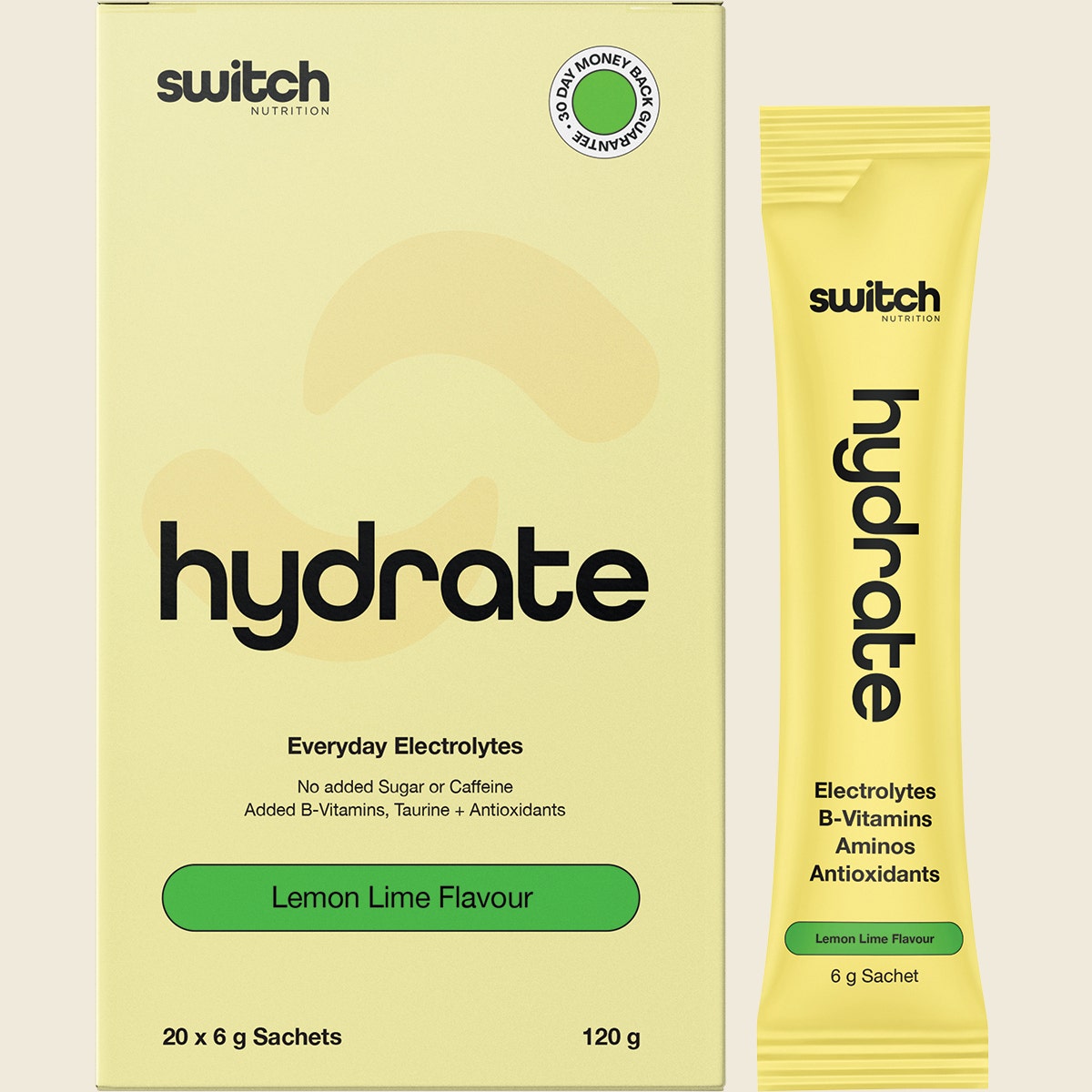 Box of 20 lemon lime Hydrate Switch electrolyte sachets shown with a single sachet and a glass of water.