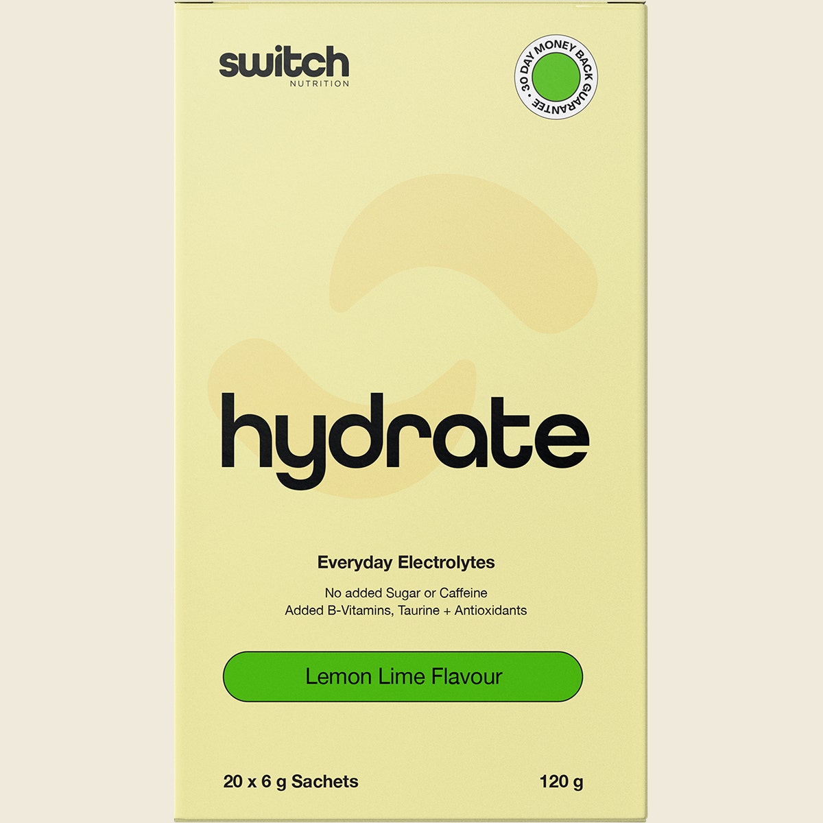 Box of 20 lemon lime Hydrate Switch electrolyte sachets shown with a single sachet and a glass of water.