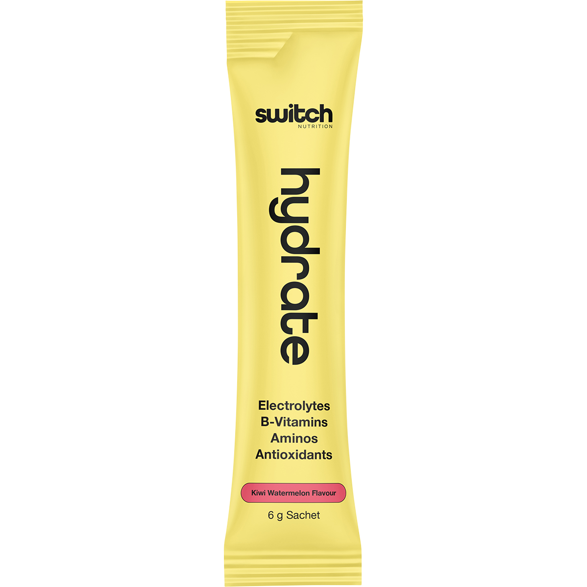Side view of a Switch Nutrition Hydrate Kiwi Watermelon 20-pack box showing product benefits and a caffeine-free logo.