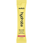 Side view of a Switch Nutrition Hydrate Kiwi Watermelon 20-pack box showing product benefits and a caffeine-free logo.