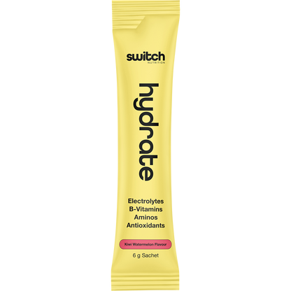 Side view of a Switch Nutrition Hydrate Kiwi Watermelon 20-pack box showing product benefits and a caffeine-free logo.