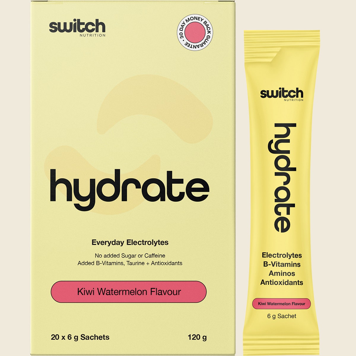 Switch Nutrition Hydrate Kiwi Watermelon 20-pack box and individual 6g electrolyte sachet.
