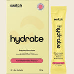 Switch Nutrition Hydrate Kiwi Watermelon 20-pack box and individual 6g electrolyte sachet.