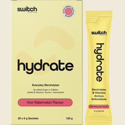 Switch Nutrition Hydrate Kiwi Watermelon 20-pack box and individual 6g electrolyte sachet.