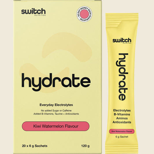 Switch Nutrition Hydrate Kiwi Watermelon 20-pack box and individual 6g electrolyte sachet.