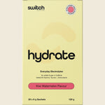 Switch Nutrition Hydrate Kiwi Watermelon 20-pack box featuring a white and pink design on a white background.