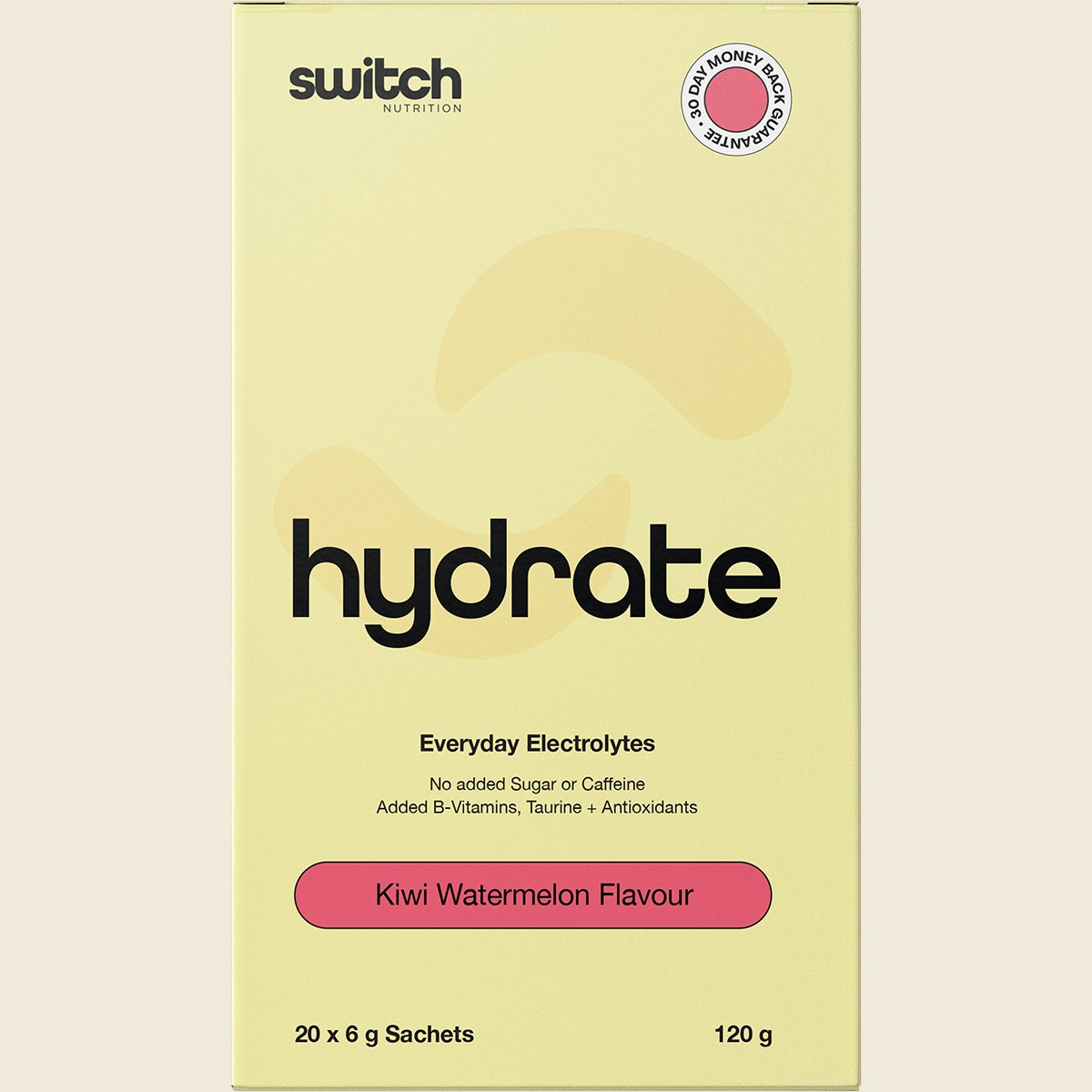 Switch Nutrition Hydrate Kiwi Watermelon 20-pack box featuring a white and pink design on a white background.