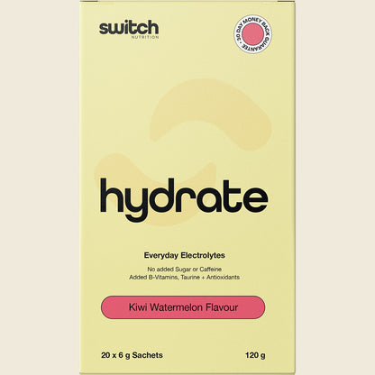 Switch Nutrition Hydrate Kiwi Watermelon 20-pack box featuring a white and pink design on a white background.