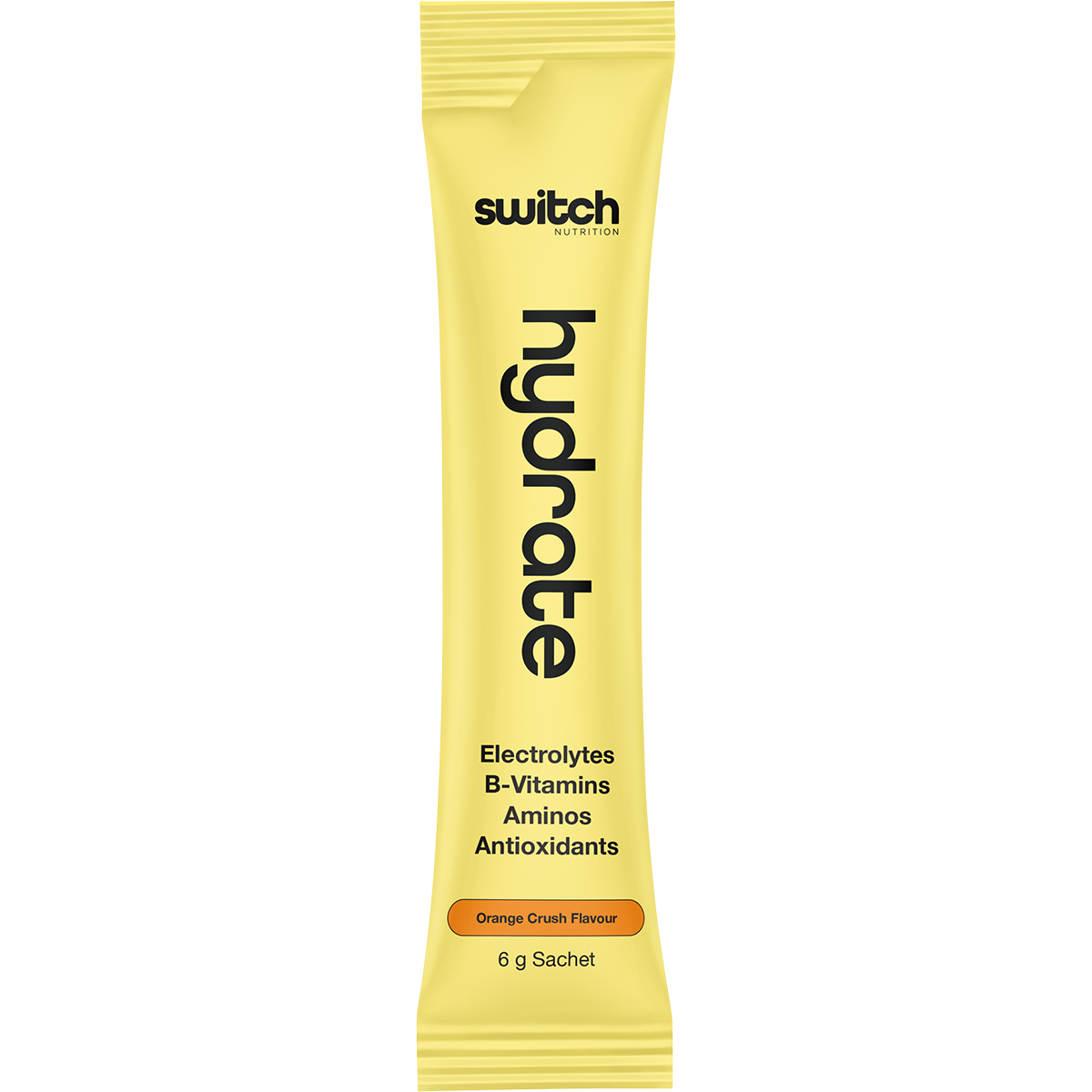 Side view of an Orange Crush Switch Nutrition Hydrate 20-pack box with orange illustrations on a white background.