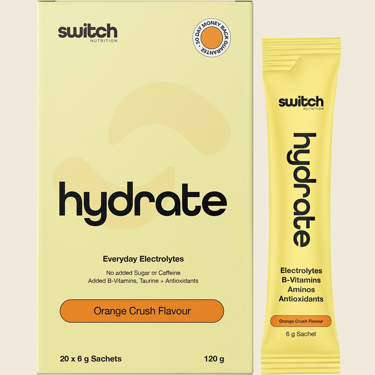 Switch Nutrition Hydrate Electrolytes Orange Crush 20-pack box and individual 6g sachet with orange illustrations.