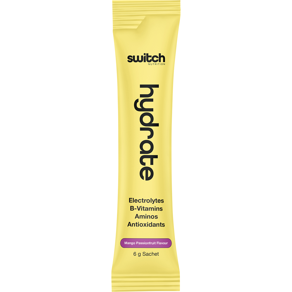 Mango Passionfruit Switch Nutrition Hydrate box showing electrolyte benefits, 20-pack count, and sugar-free details.
