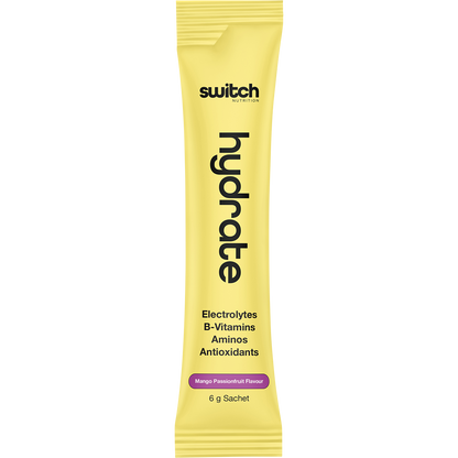 Mango Passionfruit Switch Nutrition Hydrate box showing electrolyte benefits, 20-pack count, and sugar-free details.