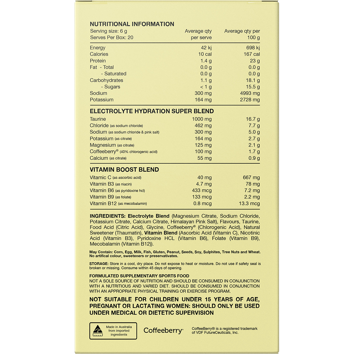 Back of a Mango Passionfruit Switch Nutrition Hydrate box showing nutrition facts, ingredients, and directions.