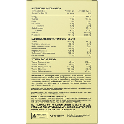 Back of a Mango Passionfruit Switch Nutrition Hydrate box showing nutrition facts, ingredients, and directions.
