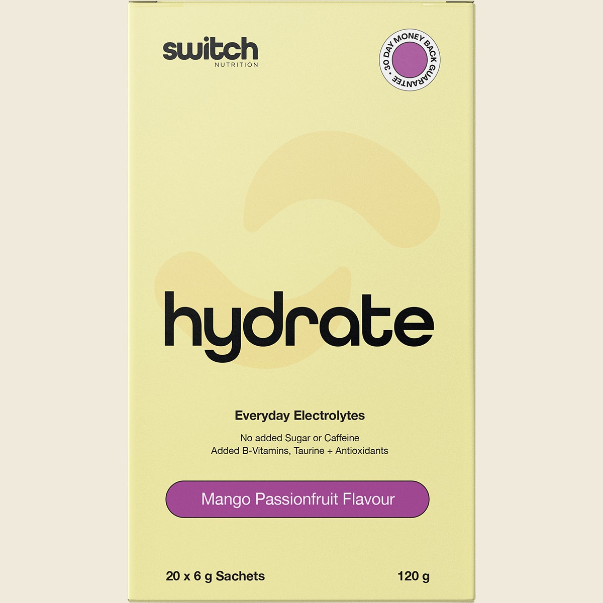 Single Mango Passionfruit Switch Nutrition Hydrate electrolyte sachet next to a glass of orange drink.