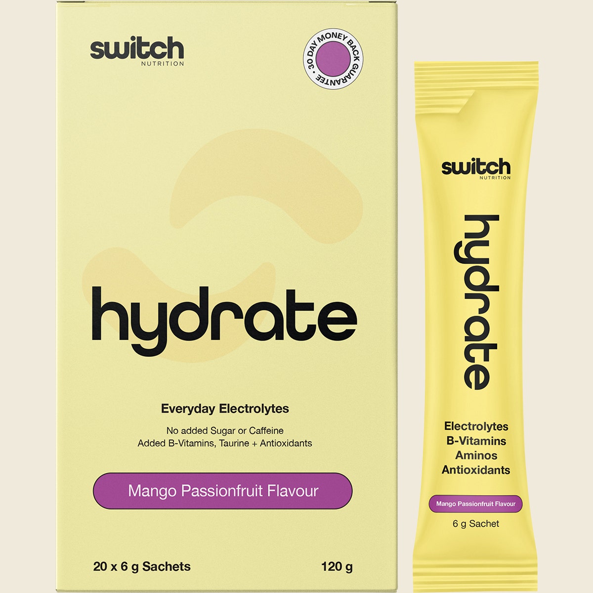 Switch Nutrition Hydrate Mango Passionfruit 20-pack box and single sachet with a glass of orange electrolyte drink.